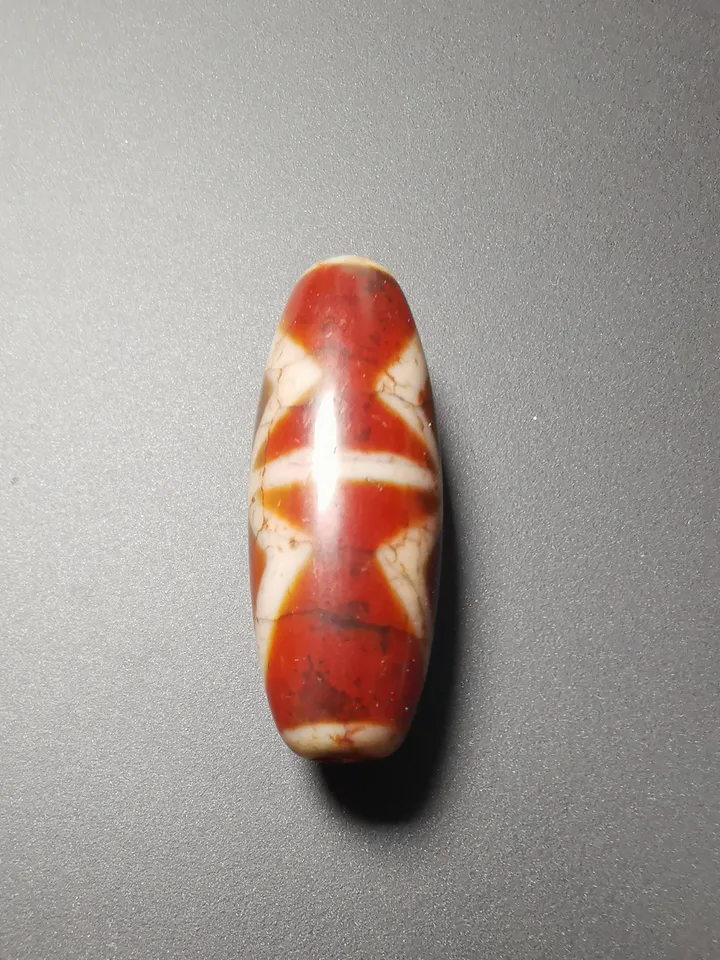 Gandhanra Ancient Tibetan Fire Agate Phum Dzi Bead with Dorje Vajra Pattern(1.58" * 0.55"), Protective Amulet for Vajrayana, zee Bead