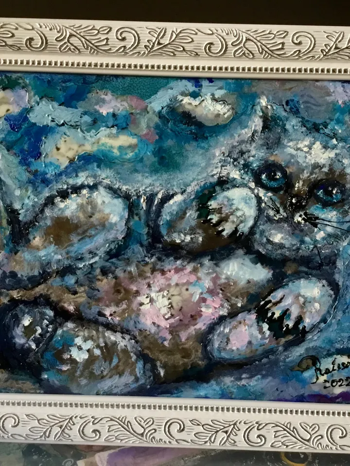 Sky cat,original mix media painting on glass,stained glass panel,cat painting,tabletop,unique gift