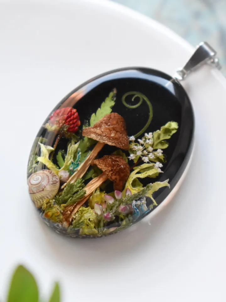 Real mushroom necklace. Pendant with a forest composition. Necklace with dried mushrooms in resin.