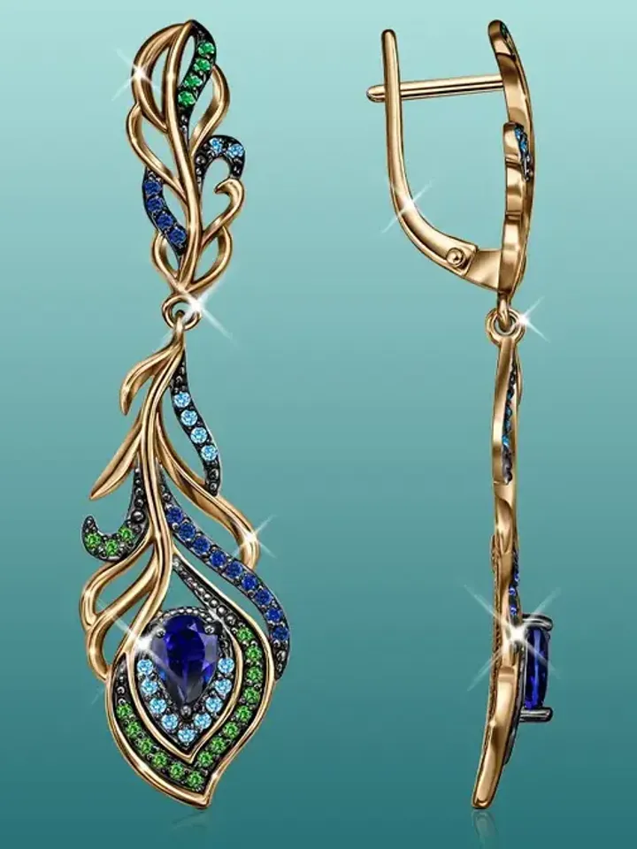 Women's earrings, 925 gold plated silver, Peacock feathers with blue and green cubic zirconia, bird of happiness