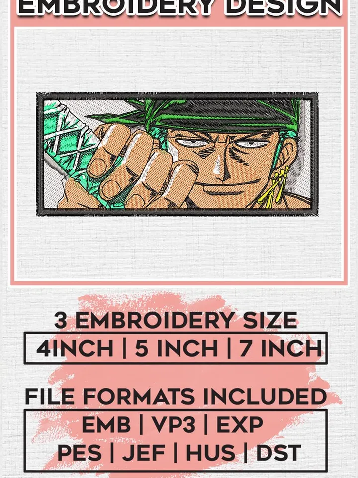 Zoro rectangle embroidery design, One Piece embroidery, embroidery file, anime design, anime shirt, Digital download EMB_ANIME_226