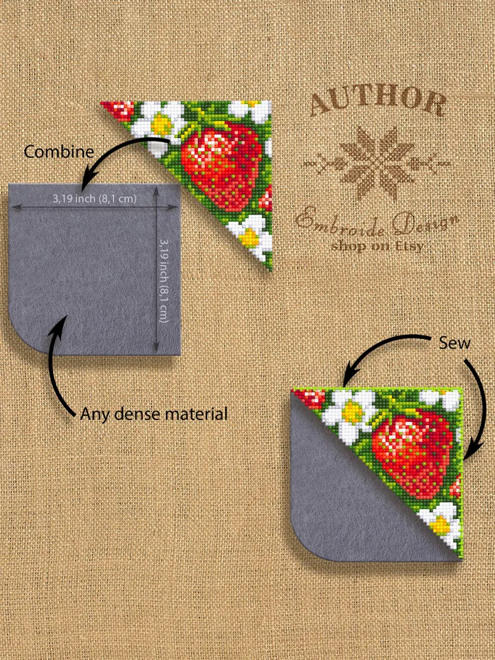 Corner bookmark cross stitch pattern PDF download Red berries cross stitch chart, Strawberry cross stitch, Digital bookmark fruit #B185