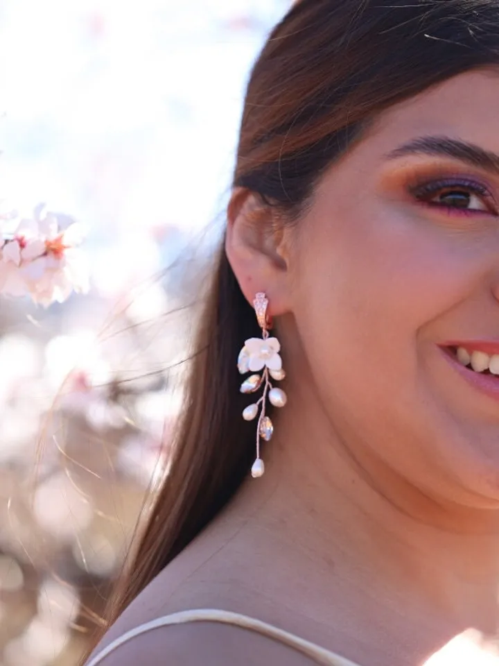 Long Boho Wedding Earrings, Delicate Porcelain Flowers Wedding Earrings, Freshwater Pearl Bridal Earrings, Floral Statement Wedding Jewelry