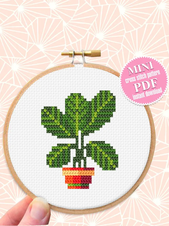 Mini plant cross stitch pattern download PDF, Small floral cross stitch chart, Quick cross stitch sampler, Potted plants embroidery PDF #P18