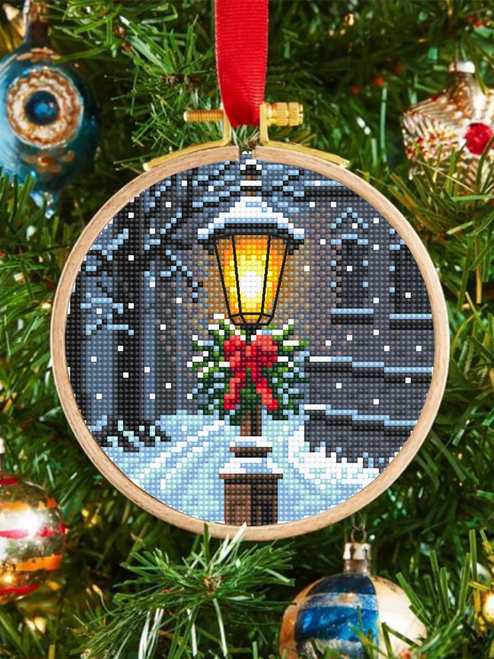 Christmas lamp post cross stitch pattern PDF download Winter landscape cross stitch chart, Christmas pattern digital PDF, Snow pattern #N176
