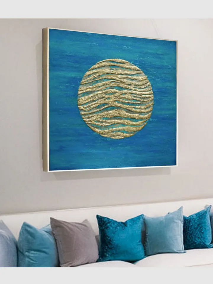 Gold Moon Painting Blue Turquoise Abstract Original Wall Art Modern artwork Glittery resin wall art