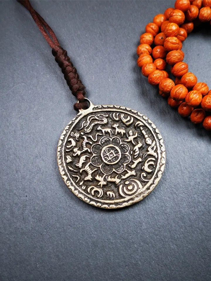 Gandhanra Antique Tibetan Buddhist Astrological Mandala,Calendar Badge,Melong Mirror,SIPAHO Amulet(srid pa ho),Made of Thokcha,60 Years Old