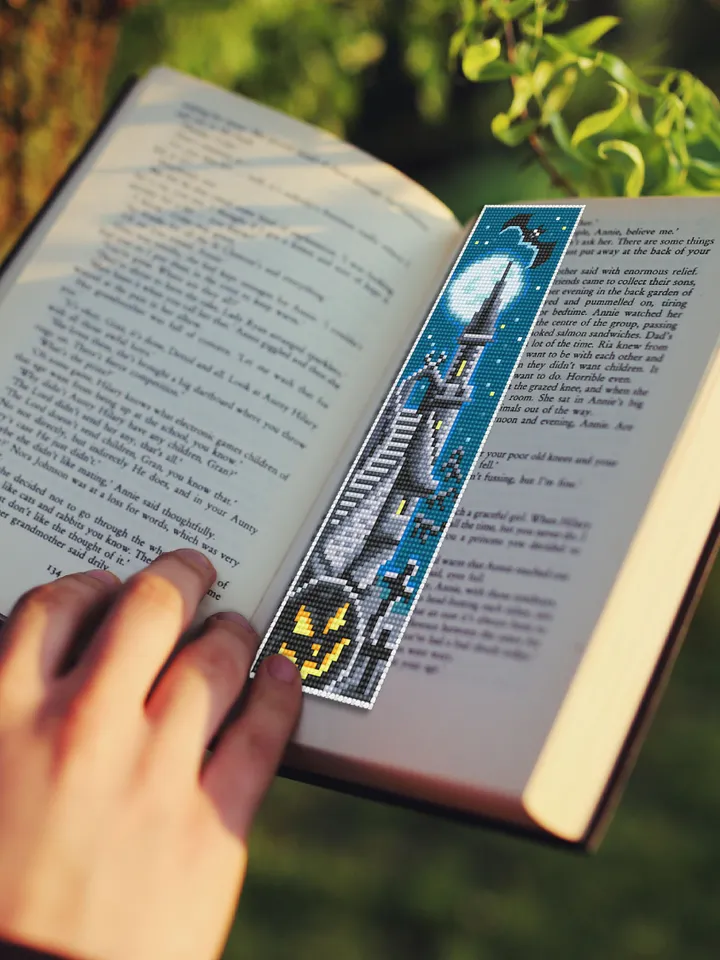 Halloween bookmark cross stitch pattern PDF download Haunted house cross stitch chart Handmade bookmark pattern digital Spooky Halloween #B6