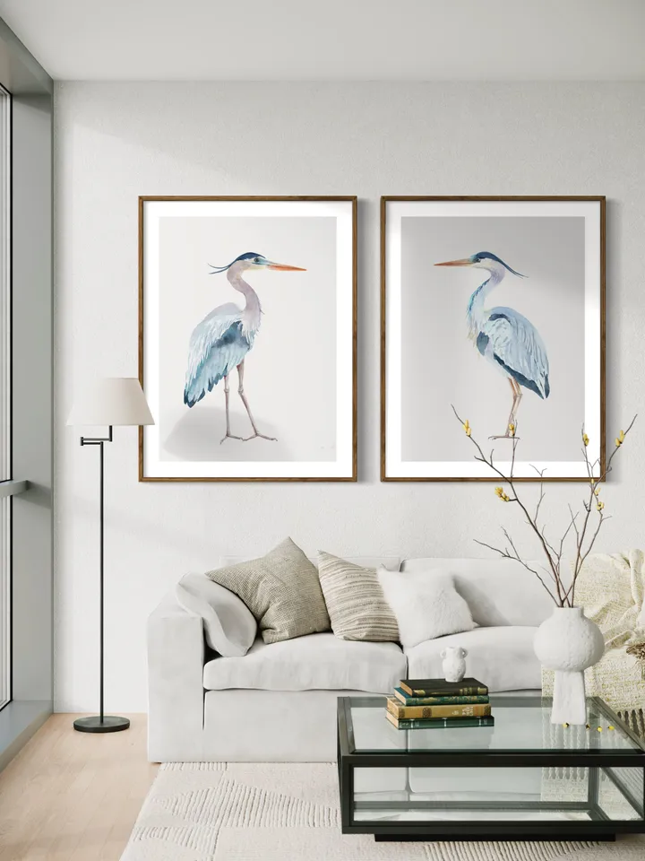 Blue Heron Set Of 2 Watercolor Painting, Bird Lover Gift, Beach House Art, Home Decor Gift, Bathroom Wall Decor, Great Heron Painting Print
