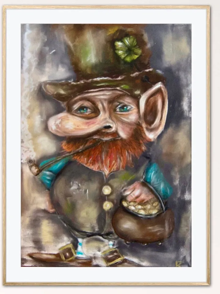 Leprechaun with a pot of gold,original soft pastel painting,irish leprechaun painting, irish gnome painting,saint Patrick day gift.