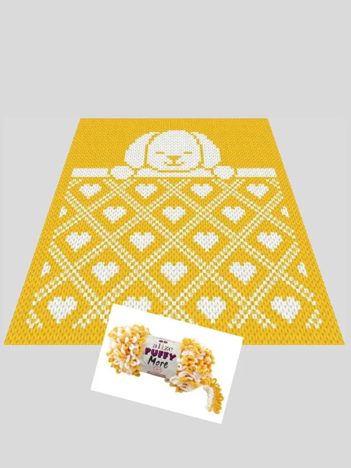 Loop yarn Finger knitted Sleeping Puppy blanket pattern