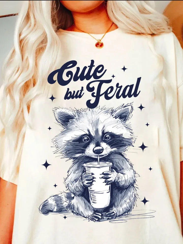 Cute But Feral Funny PNG Sarcastic Snarky Png Funny Raccoon Adult Humor Funny Sarcastic Quote Png Vintage shirt Retro SUBLIMATION ORIGINAL