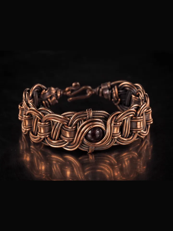 Copper wire wrapped garnet bracelet Unique bangle 7th Wedding Anniversary