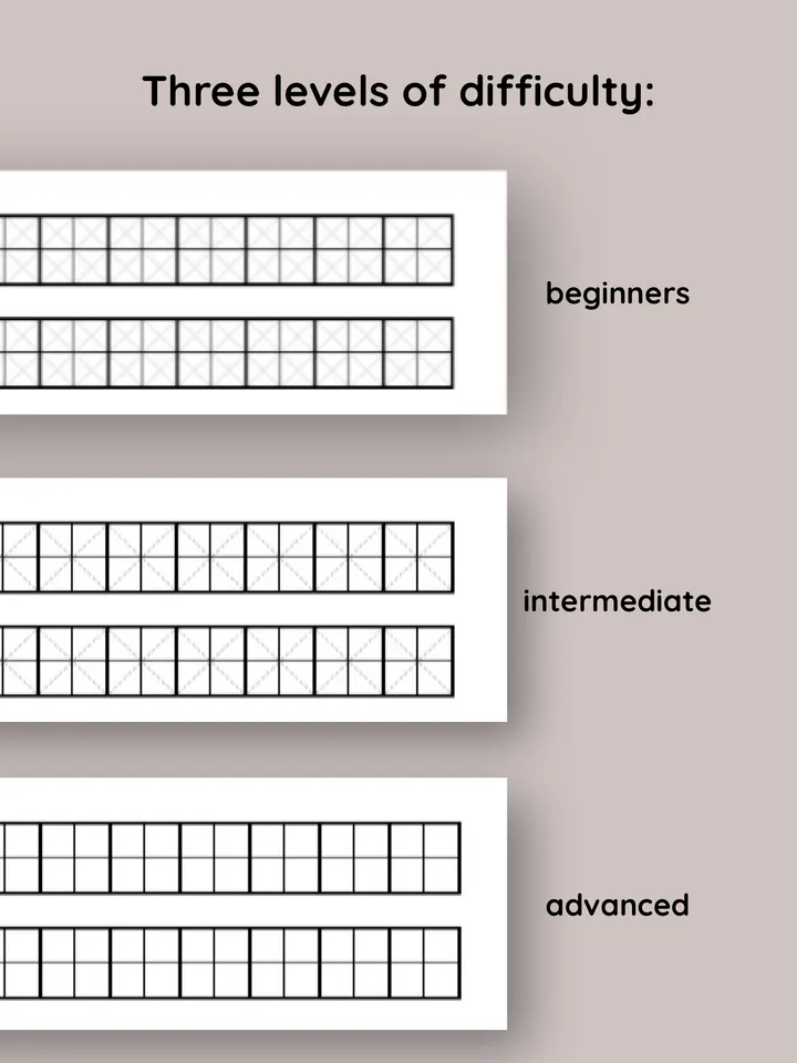 Calligraphy set of Chinese worksheets paper. Kanji Practice Paper. Chinese handwriting. Japanese Kanji practice sheets