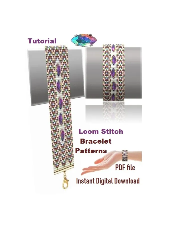 TUTORIAL Cuff Bracelet Loom Stitch, Bead Patterns Bracelet, Seed beads Preciosa and Rhinestones, Instant Download