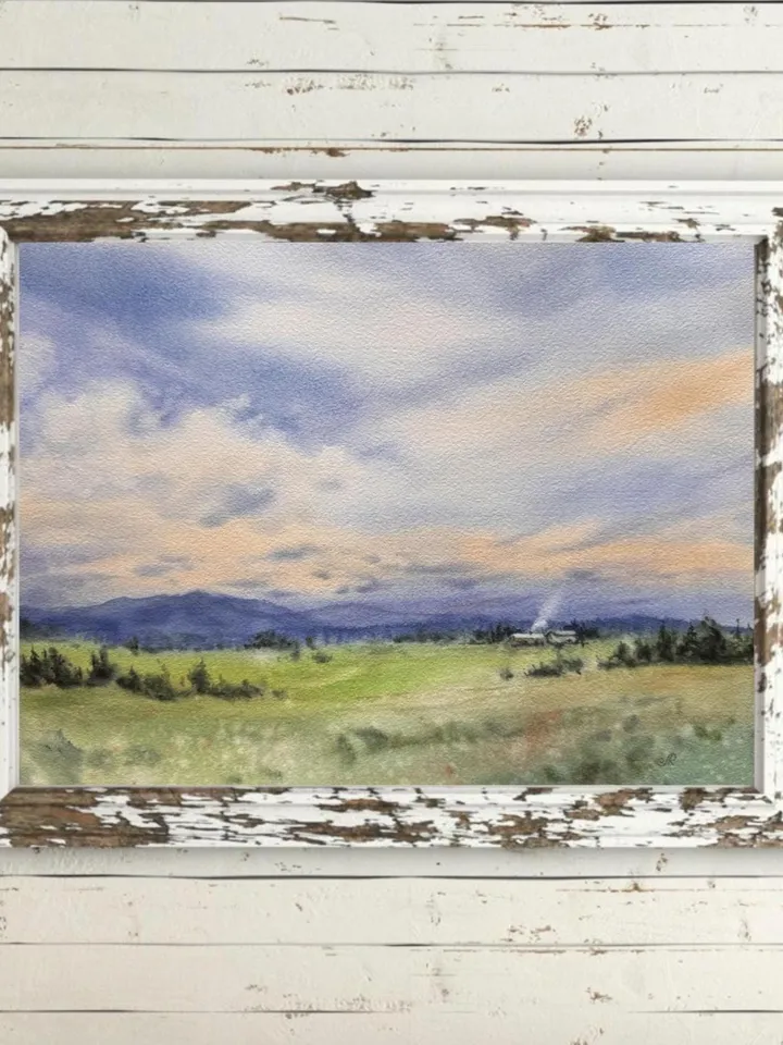 Landscape Original Watercolor Painting Fields Painting Meadow Painting