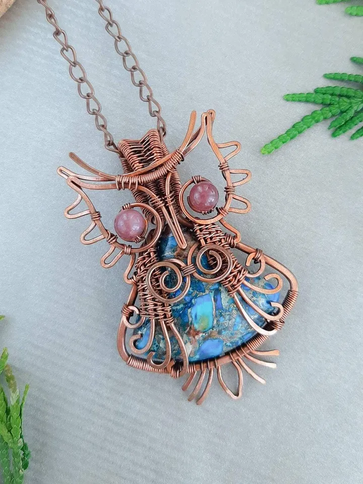 Elegant Handmade Pendant with Natural Stone in Copper Wire Wrapping