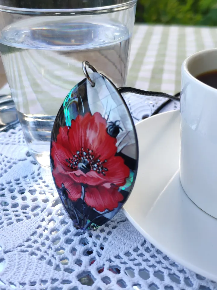 Pearl pendant necklace: Big red poppy flower on handmade necklace • Hand painted statement jewelry for dress • unique trendy floral necklace