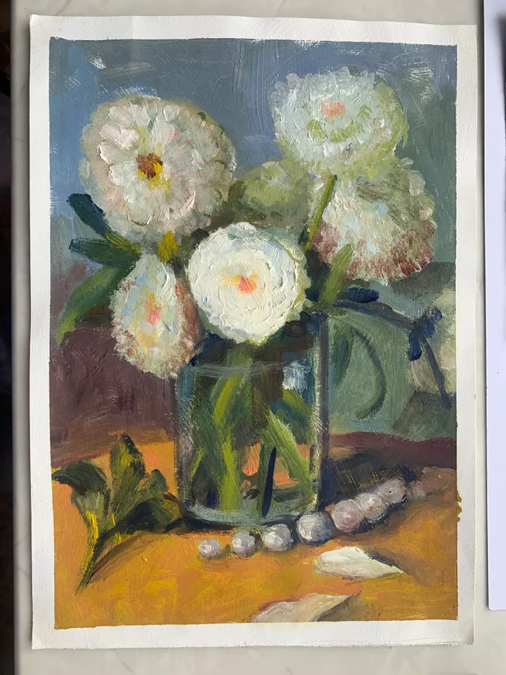 Aster white flowers in a vase oil on paper original painting