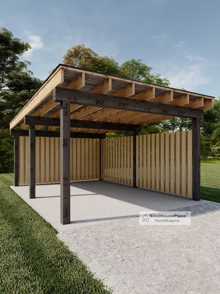 Modern Carport Plans, 14'x18'-6'' Lean to Pavilion Blueprints, One Car Easy-to-Follow Carport Garage Drawings.