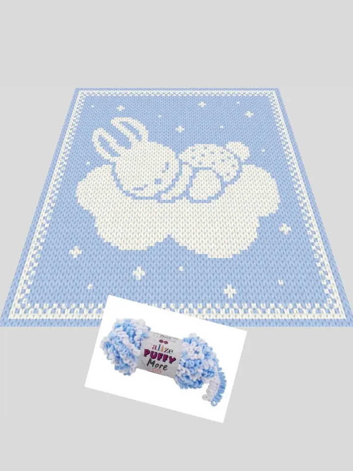 Loop yarn Finger knitted Bunny on the cloud blanket pattern