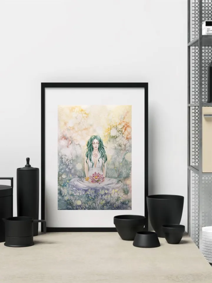 Spiritual Original Painting Meditation Painting Watercolor Woman Wall Art