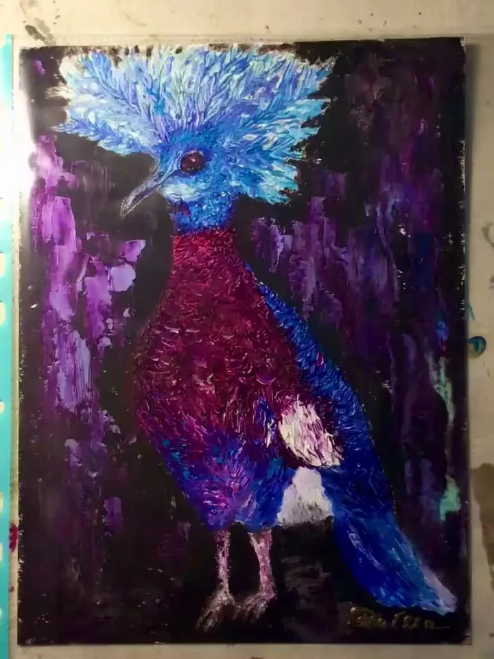 Pigeon oil painting ,Original impasto oil painting,Funny bright pigeon bird with a crown