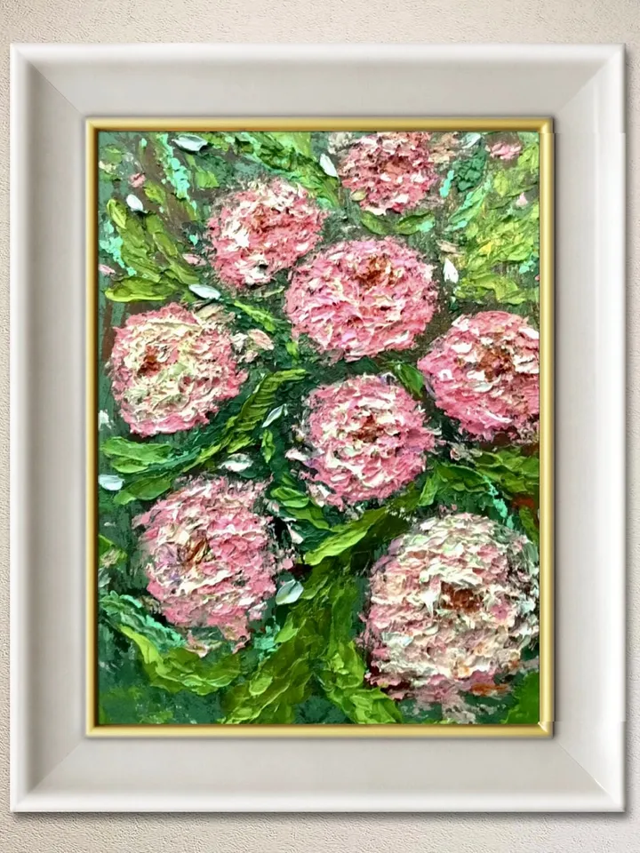 Chrysanthemums painting ,original oil painting on canvas ,pink chrysanthemums,abstract background, impressionistic chrysanthemums painting