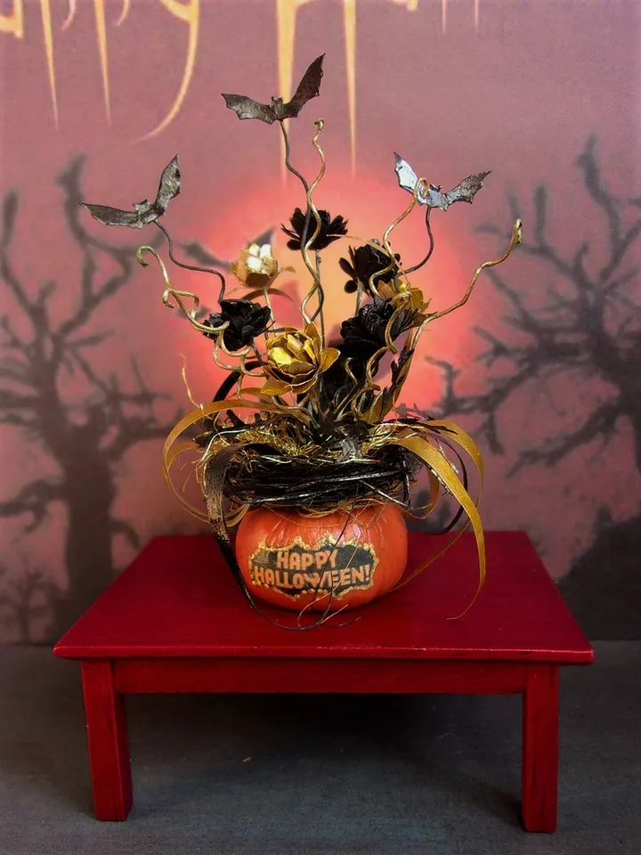Halloween pumpkin. Festive pumpkin. Dollhouse miniature, Pumpkin with bats. Halloween. Handmade. 1:12.
