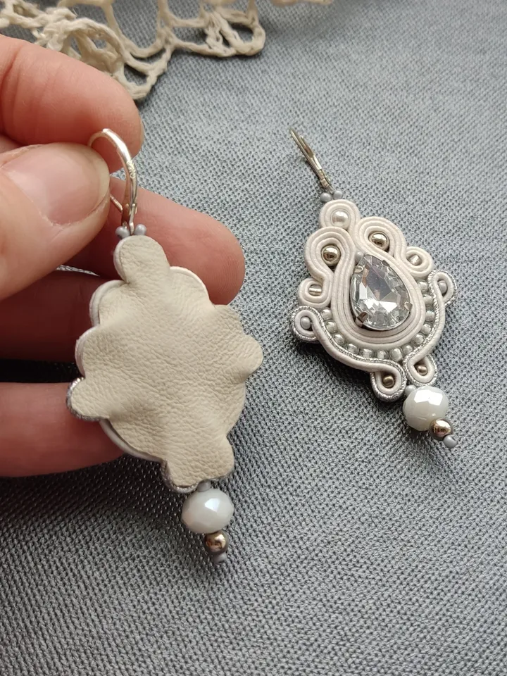 Wedding Earrings, White Silver Bridal earrings, rhinestone earrings, soutache earrings