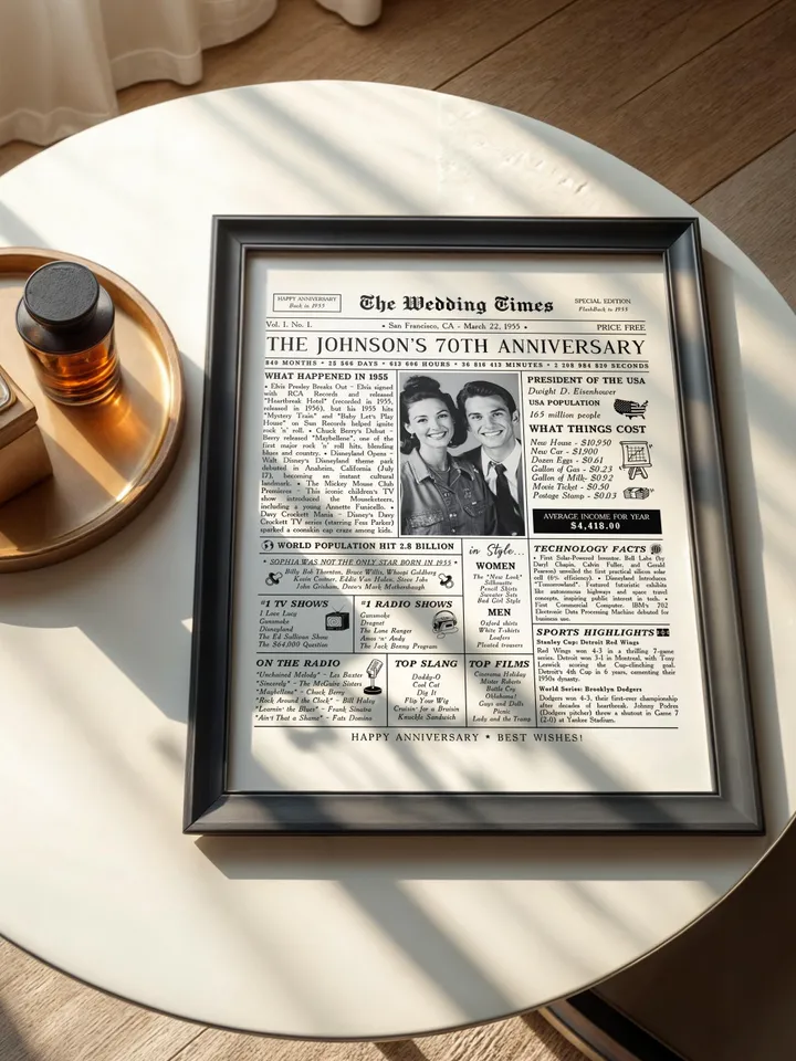 70th Anniversary Newspaper Canva Template, 1955 Wedding Infographic Printable Gift, 70 Years Married Poster for Parents or Couple
