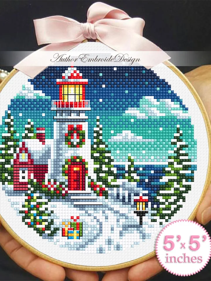 Christmas lighthouse cross stitch pattern PDF download Winter landscape cross stitch chart, Christmas pattern digital PDF Winter house #N186