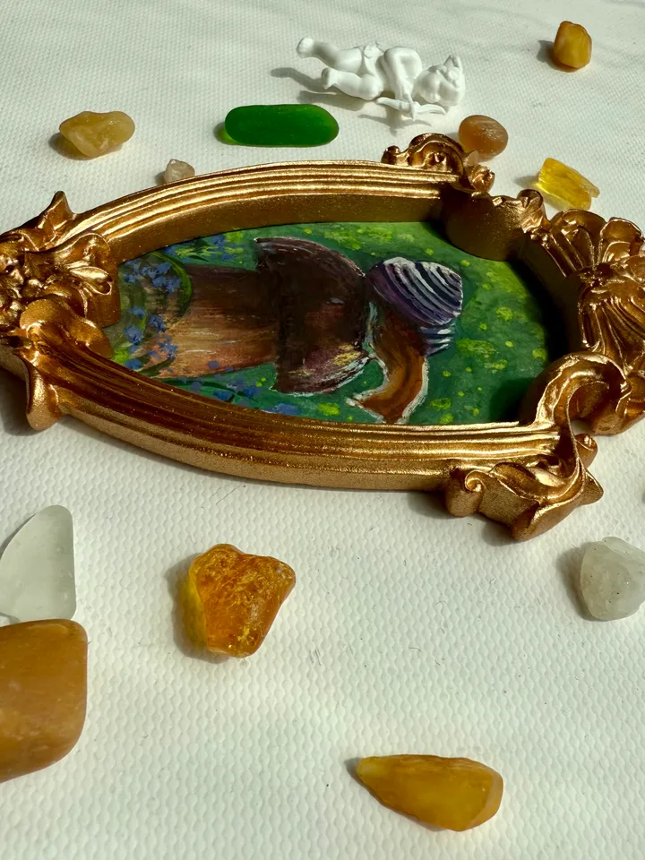 Snail Painting Original In Vintage Style Frame Small Framed Gobllincore Painting Art Slug Art Snail On Mushroom Portrait
