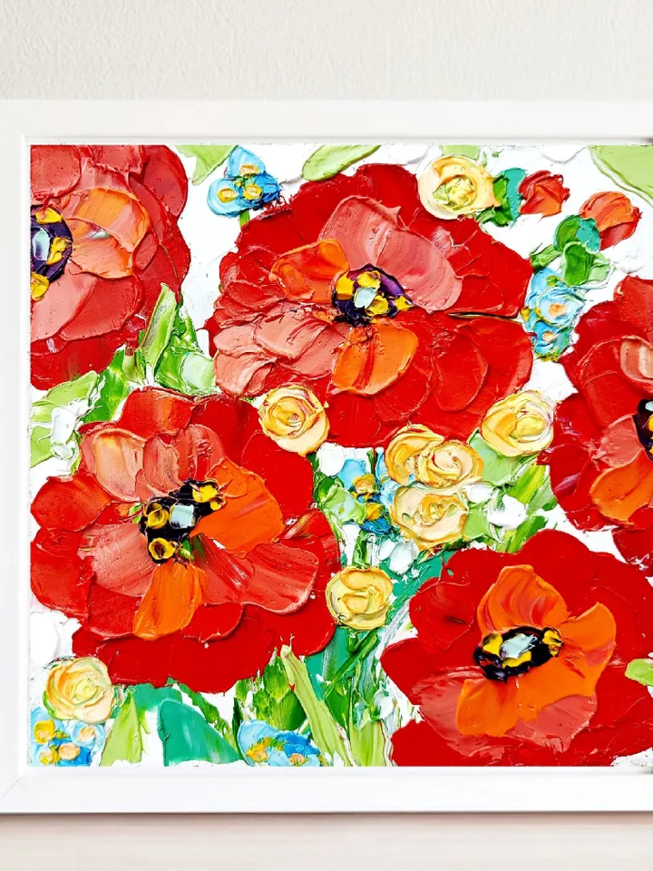 Poppy Painting Original Art Impasto Oil Painting 6x6 Flower Small Artwork Impressionist Floral Painting Red Orange by ArtProkopaloSv