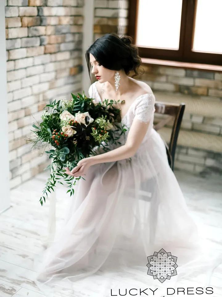 Lace wedding dress floral Short wedding dress high low Pink wedding dress off the shoulder Custom wedding dress flowy Bespoke dress / Agapia