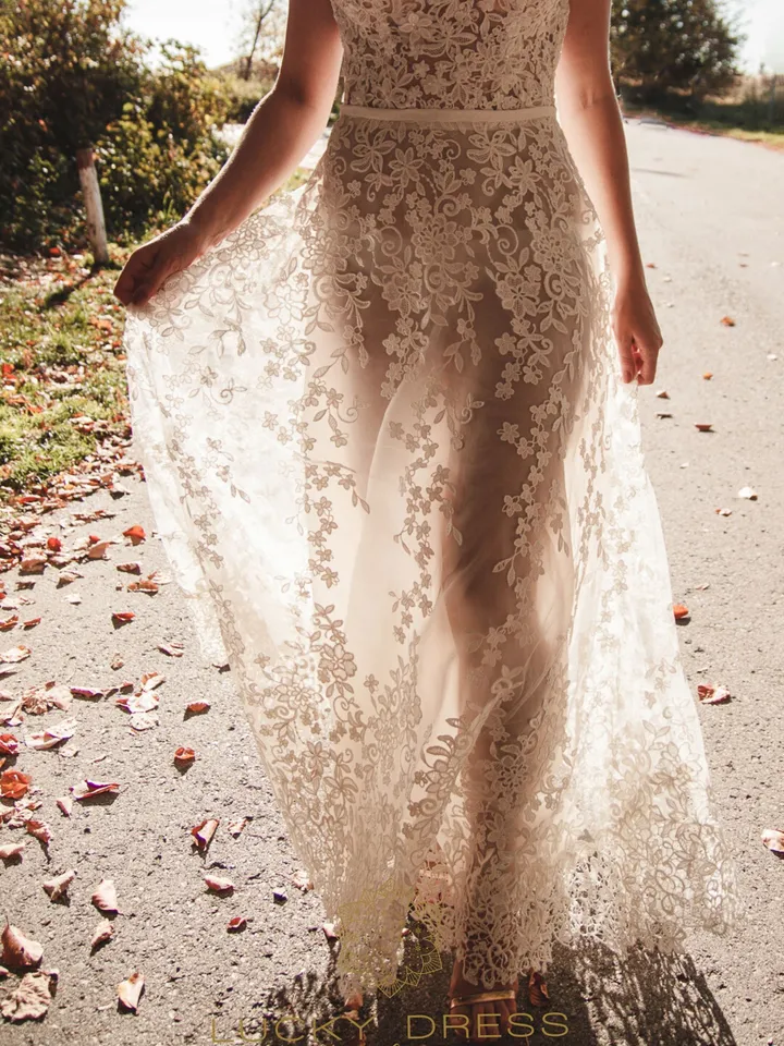 Lace wedding dress floral Custom wedding dress sexy Rustic wedding dress 3d A line wedding dress illusion Bridal gown / Fiona