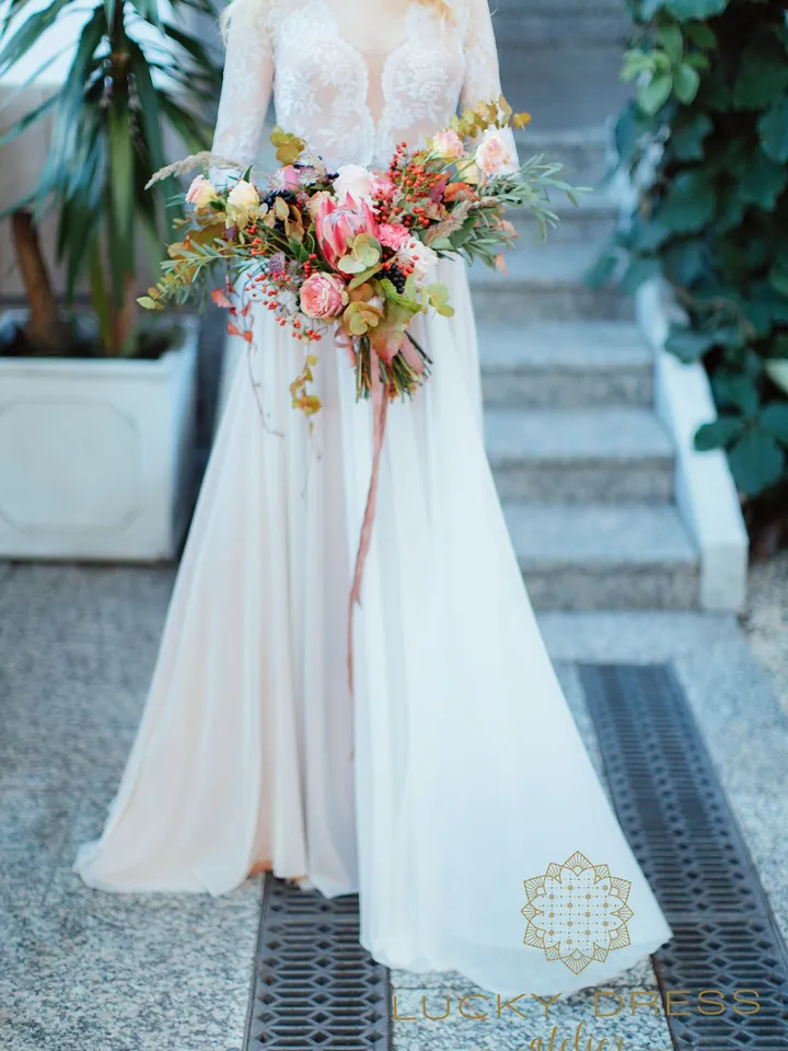 Long sleeve wedding dress lace Bridal gown Elven wedding dress winter Boho wedding dress floral Nude wedding dress flowy Custom / Olympia