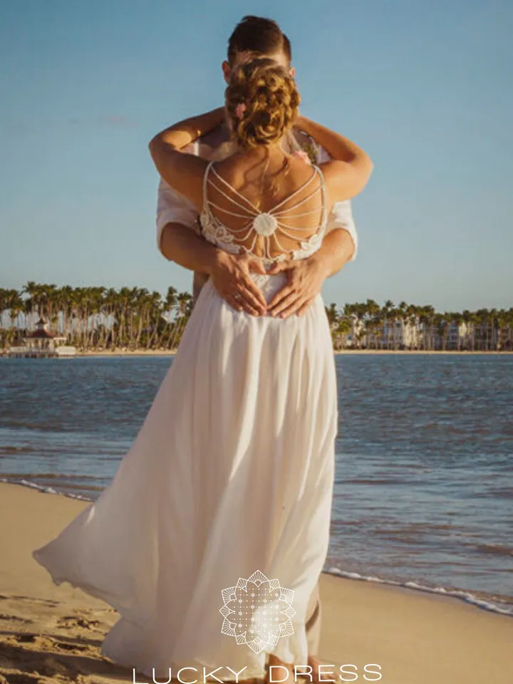 Lace wedding dress polka dot Beach wedding dress beaded Criss cross wedding dress flowy Custom wedding dress slit Straps dress / Shelly