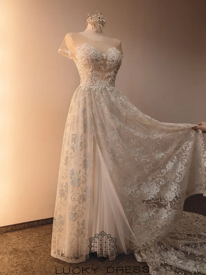 Glitter wedding dress Gold wedding dress Off the shoulder wedding dress Custom wedding dress Slit wedding dress Sparkle wedding dress / Ali