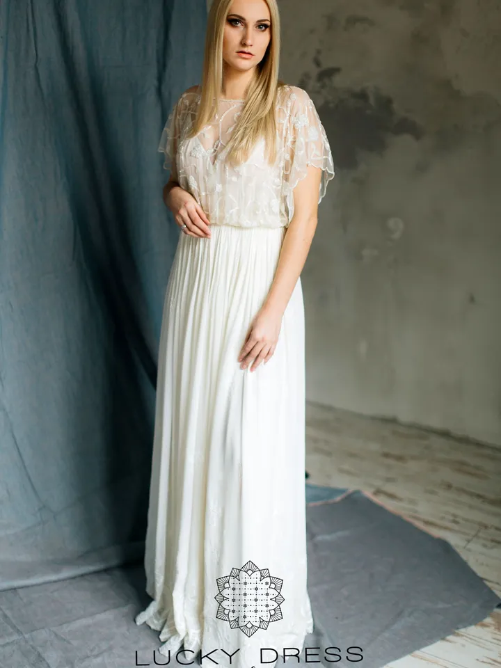 Two piece wedding dress unique Flowy wedding dress Bridal gown Casual wedding dress boho Floral wedding dress custom Bolero dress / Miriam
