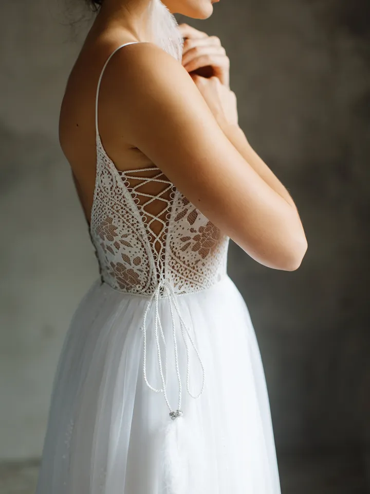 Boho wedding dress with cutouts Rustic wedding dress A-line Sexy wedding dress Swarovski Feathers bridal gown bohemian Lace wedding dress