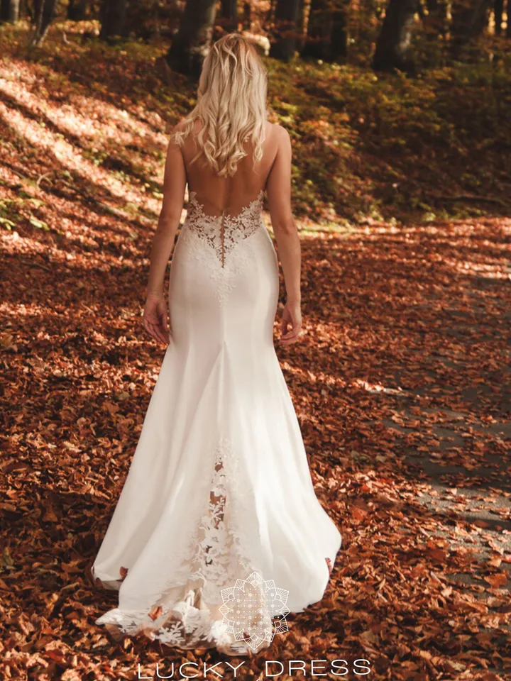 Mermaid wedding dress lace Sexy wedding gown fitted Crepe bridal gown slit Off white