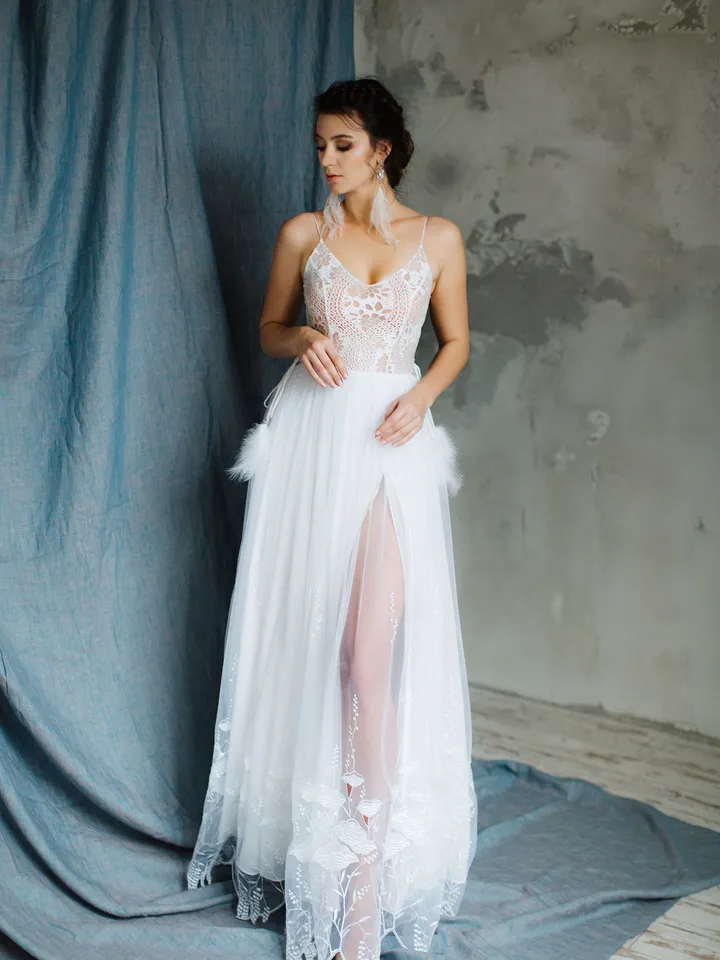 Boho wedding dress with cutouts Rustic wedding dress A-line Sexy wedding dress Swarovski Feathers bridal gown bohemian Lace wedding dress