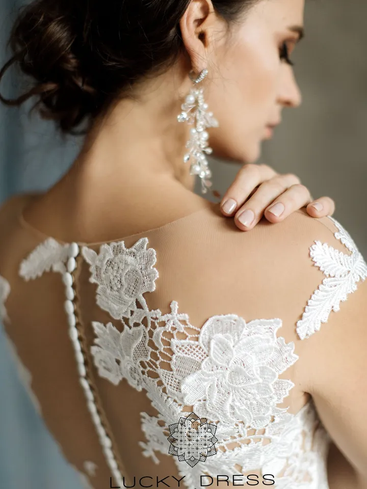 Rustic wedding dress illusion Lace wedding dress floral Cape sleeve wedding dress tattoo 3d wedding dress flowy Custom wedding dress /Emilia
