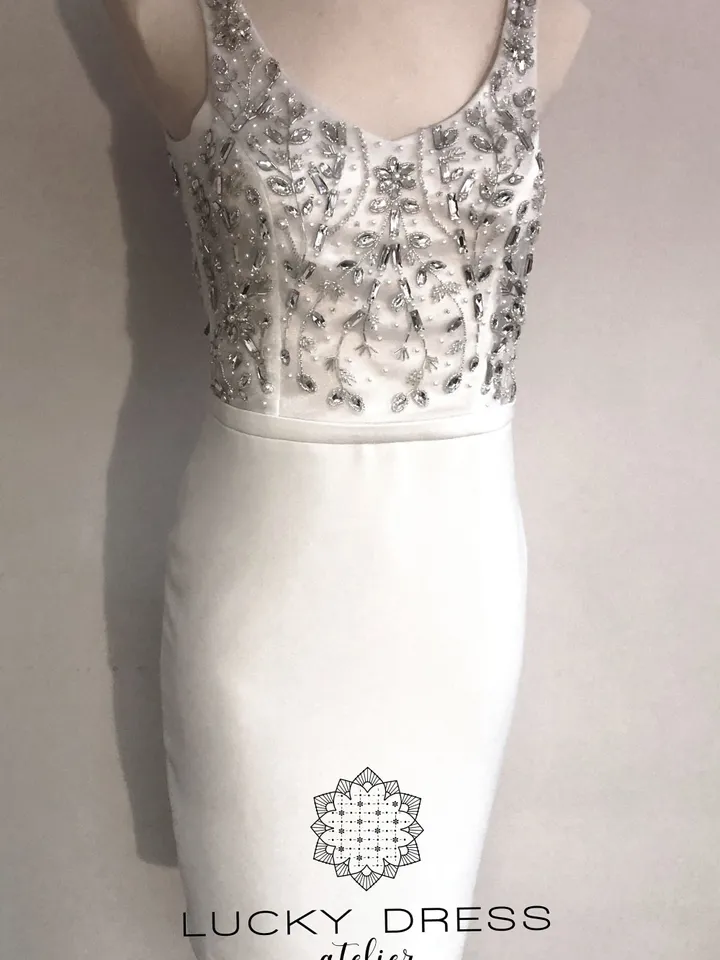 Simple wedding dress short Courthouse wedding dress midi Minimalist wedding dress crepe Custom wedding dress embroidered Crystals / Kelsey