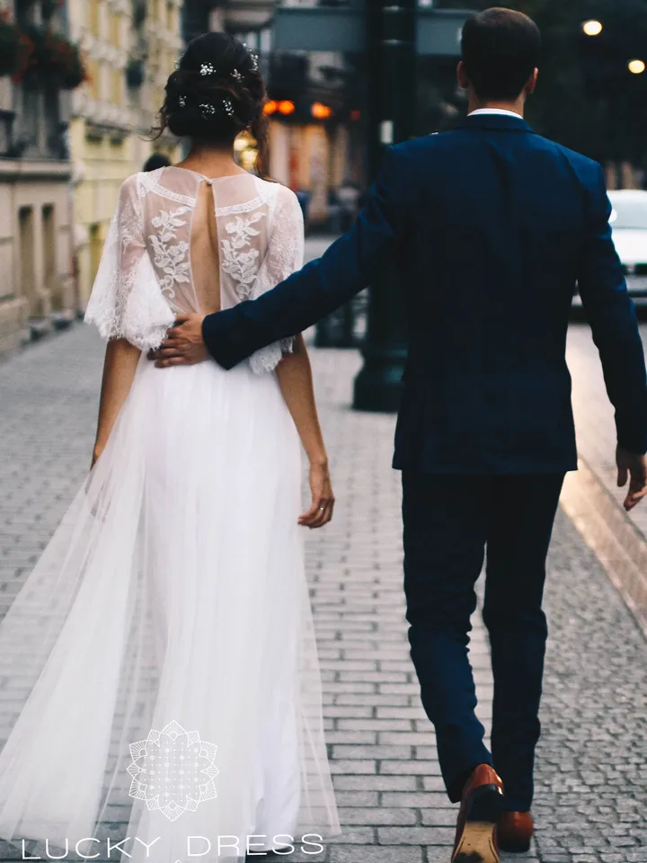 Lace wedding dress floral Tulle wedding dress A line Butterfly sleeves wedding dress backless Custom wedding dress modest Bespoke / Alice