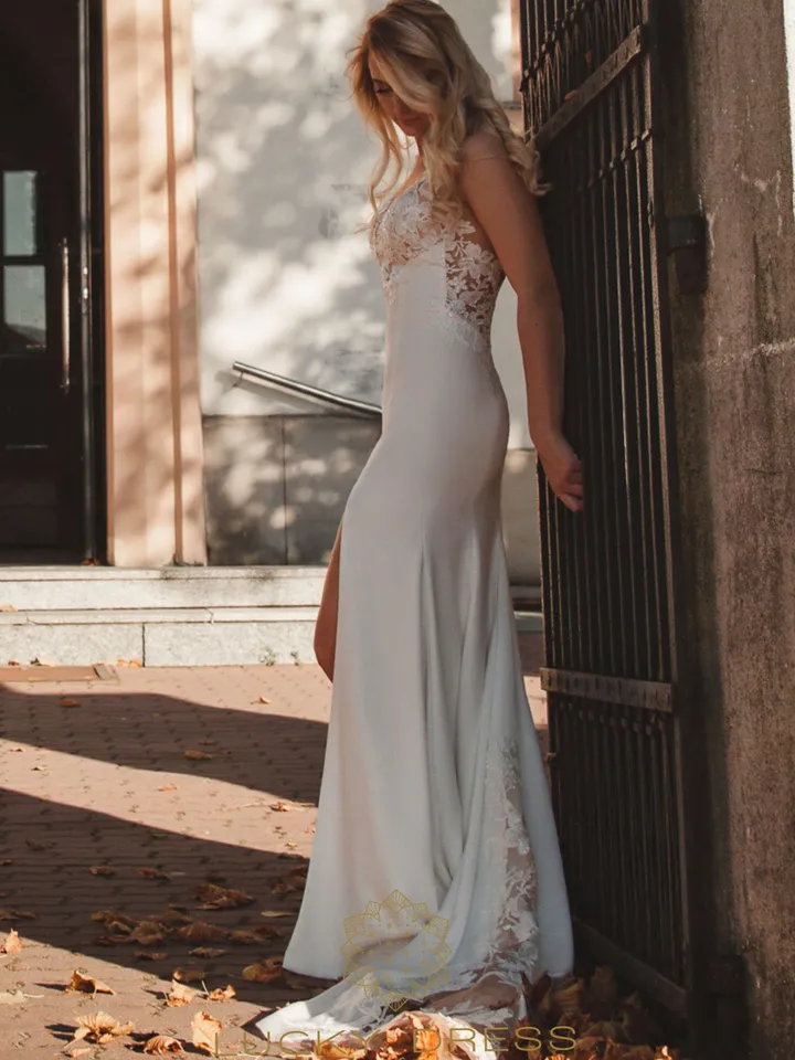 Mermaid wedding dress lace Sexy wedding gown fitted Crepe bridal gown slit Off white