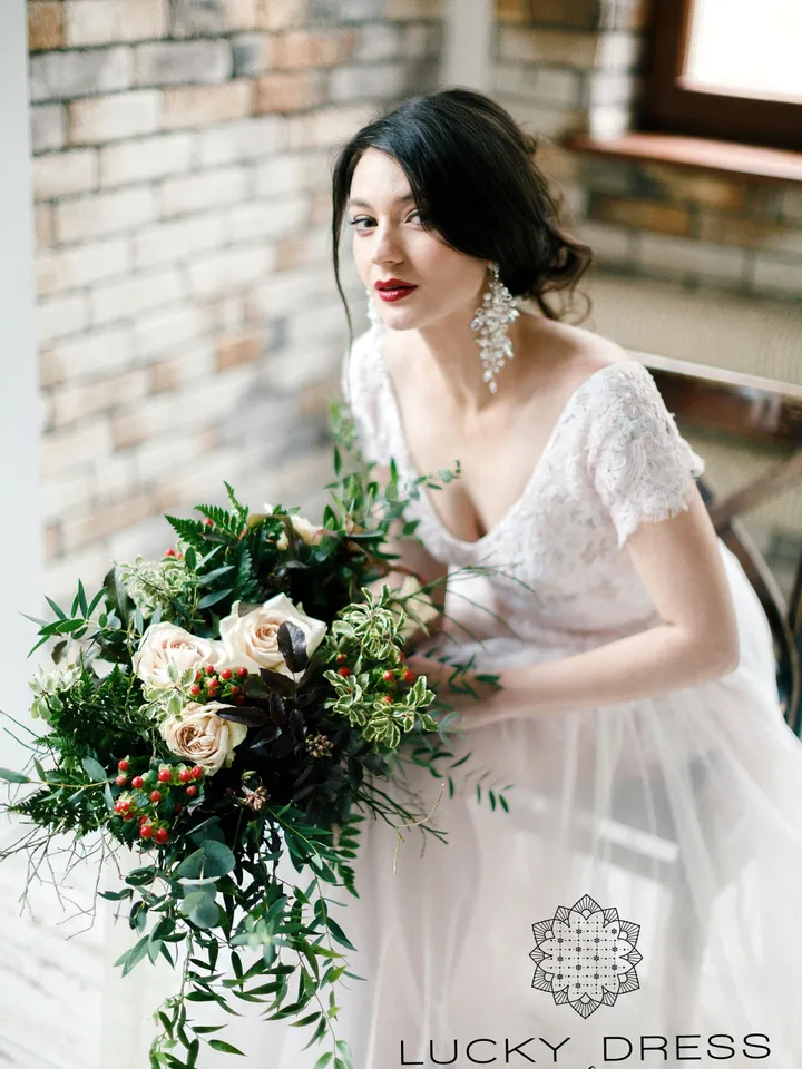 Lace wedding dress floral Short wedding dress high low Pink wedding dress off the shoulder Custom wedding dress flowy Bespoke dress / Agapia