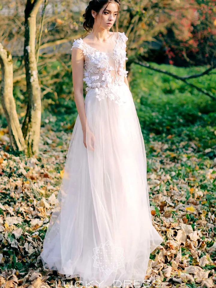 Lace wedding dress floral 3d wedding dress cream Ethereal wedding dress illusion Scoop neck  wedding dress tulle Custom dress / Lolanthe