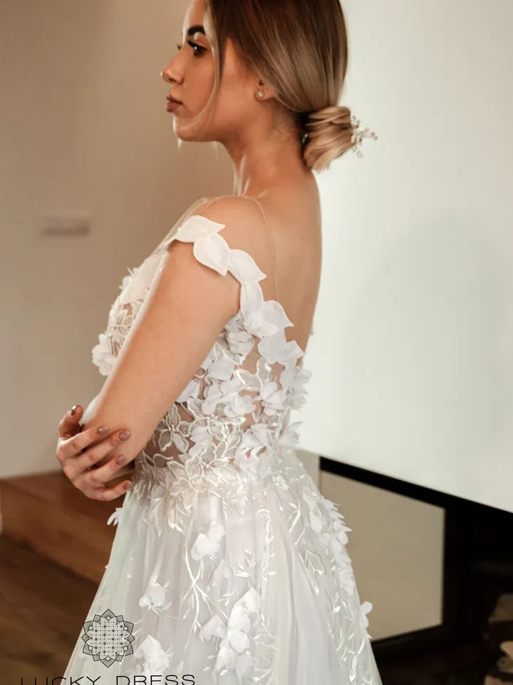 Short sleeves wedding dress A line wedding dress flowy Floral wedding dress 3d flowers Wedding dress off the shoulder with train / Adelaida